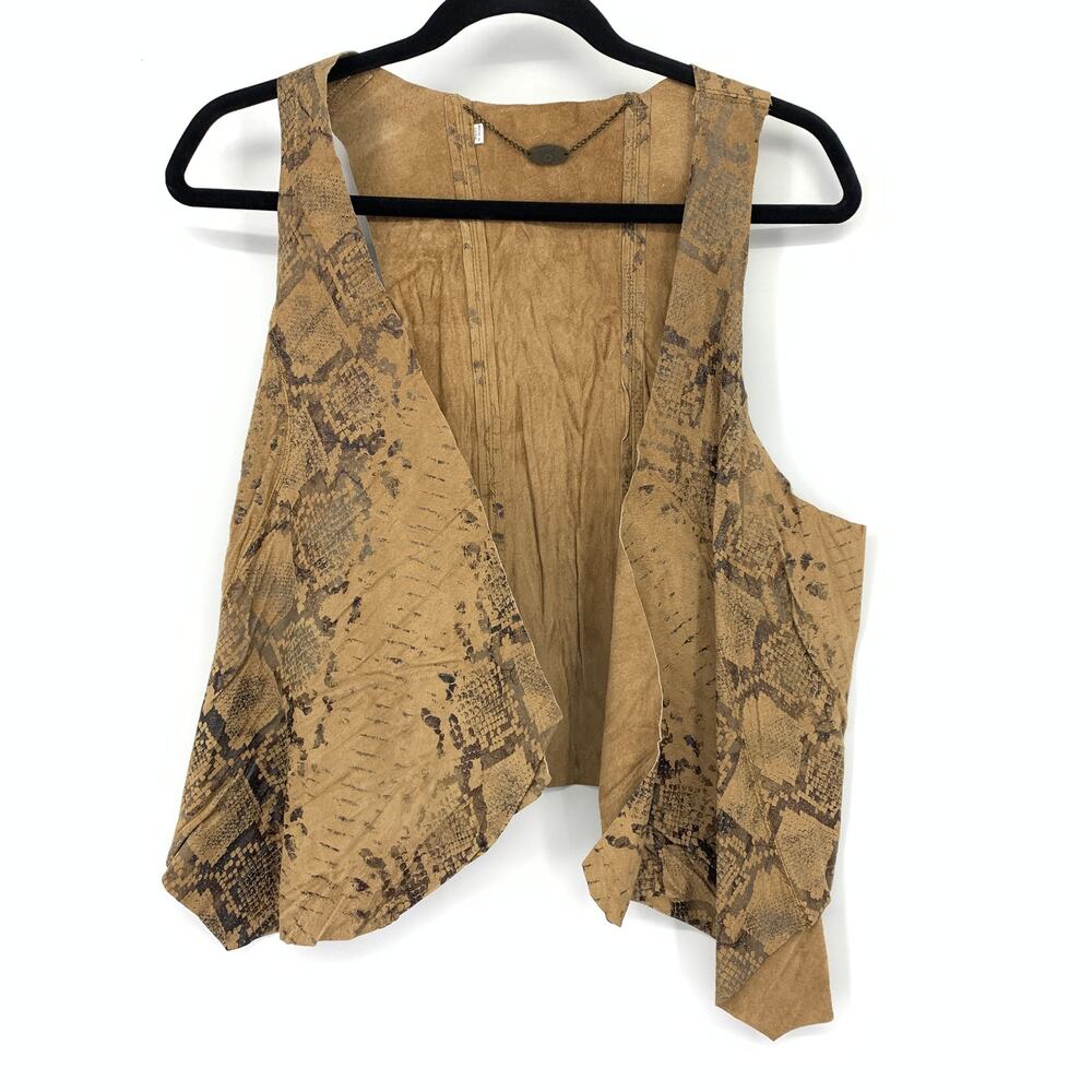 XCVI Vest Womens Large Brown Leather Snakeskin Print Open Front Asymmetric Hem
